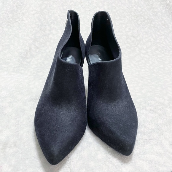 Melissa Black Bootie Drama Flocked Velvet Pointed Toe Heel Ankle Boot Fuzzy - Picture 3 of 12